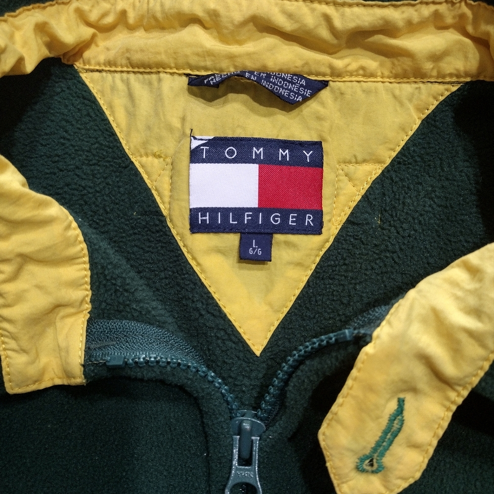 Vintage Tommy Hilfiger Fleece Full Zip Jacket Green/Yellow Large